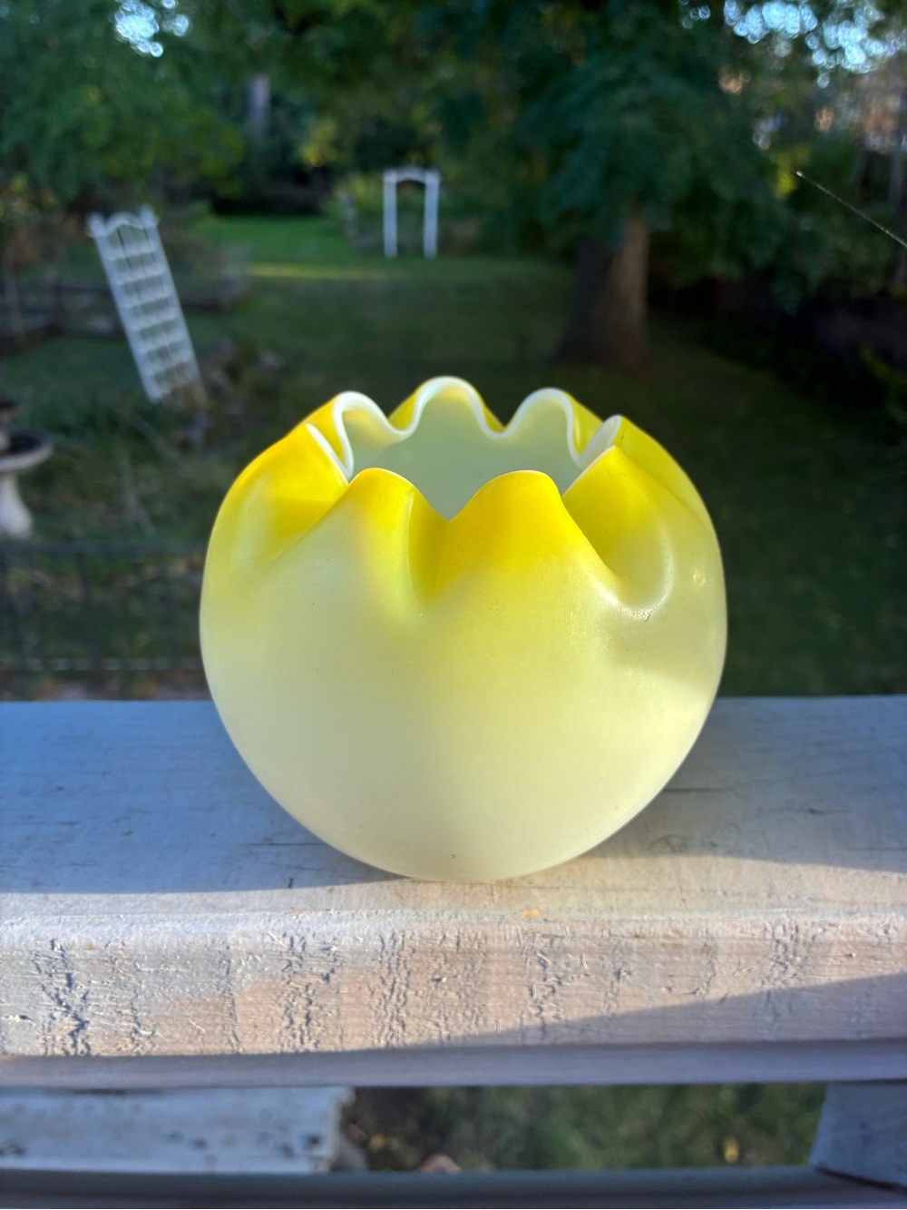 Vintage Satin Fenton Rose Bowl Yellow
